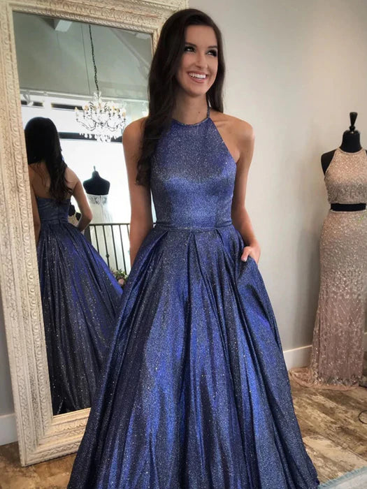 Glamorous Halter Sequin Royal Blue Floor-Length Prom Dress