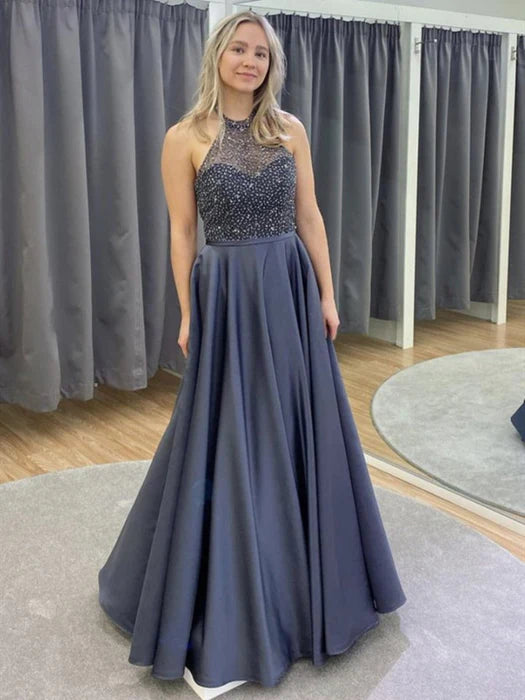 Glamorous Halter Sleeveless Beaded Slate Blue Floor-Length Prom Dress