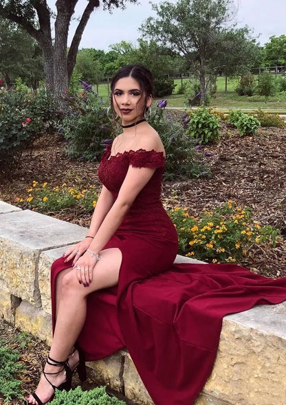 Glamorous Lace Floor-Length Evening Dress Burgundy Off-the-Shoulder Sleeveless Women