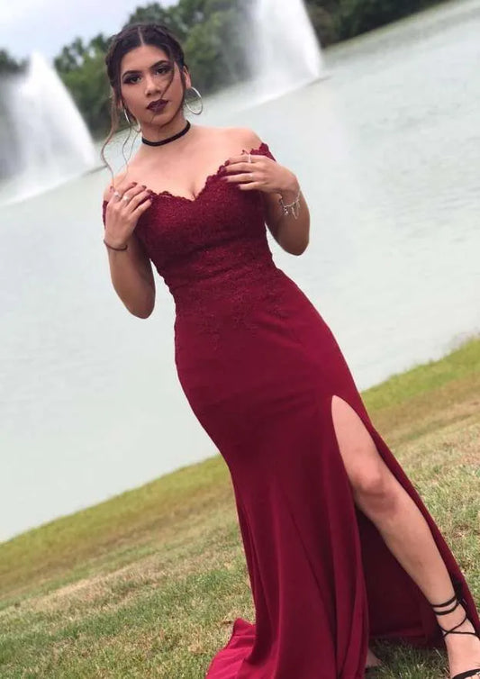 Glamorous Lace Floor-Length Evening Dress Burgundy Off-the-Shoulder Sleeveless Women
