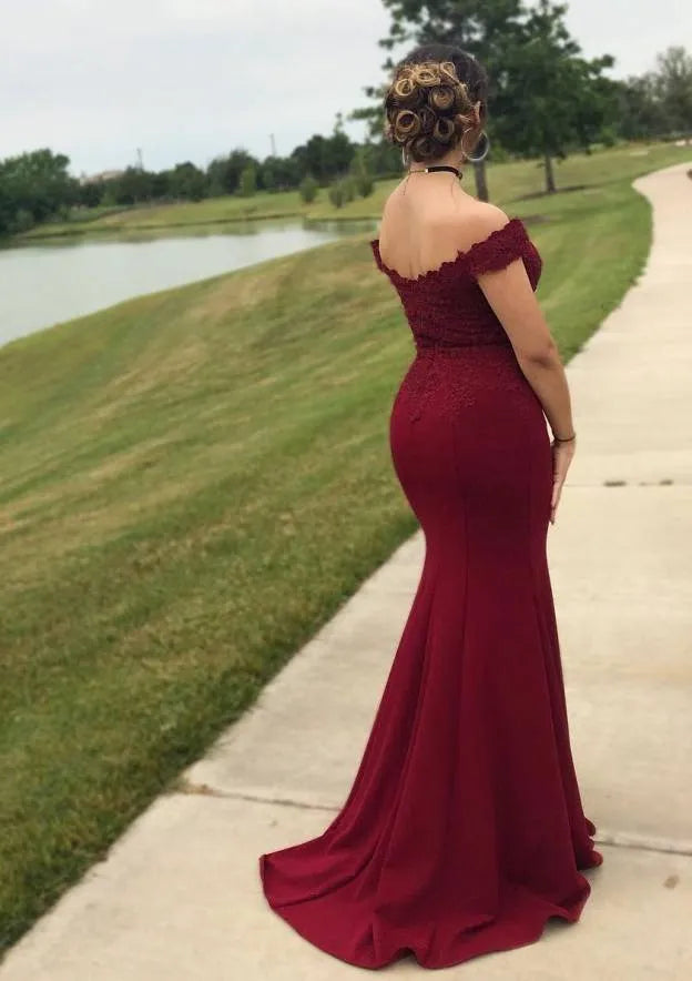 Glamorous Lace Floor-Length Evening Dress Burgundy Off-the-Shoulder Sleeveless Women