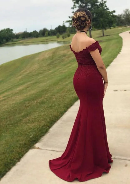 Glamorous Lace Floor-Length Evening Dress Burgundy Off-the-Shoulder Sleeveless Women
