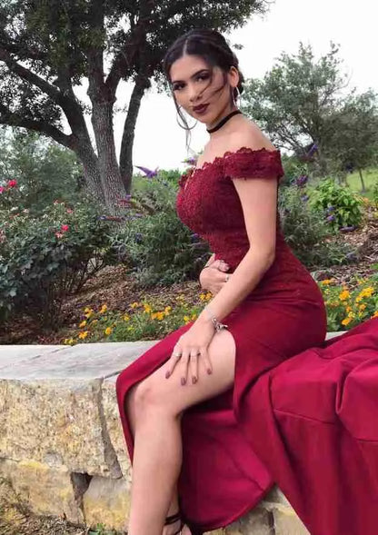 Glamorous Lace Floor-Length Evening Dress Burgundy Off-the-Shoulder Sleeveless Women