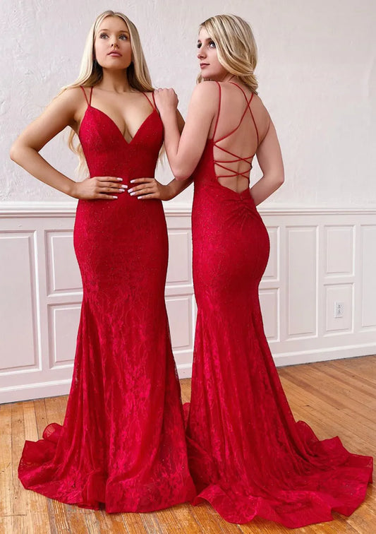 Glamorous Lace Floor-Length Evening Dress Red Deep V Spaghetti-Strap Women
