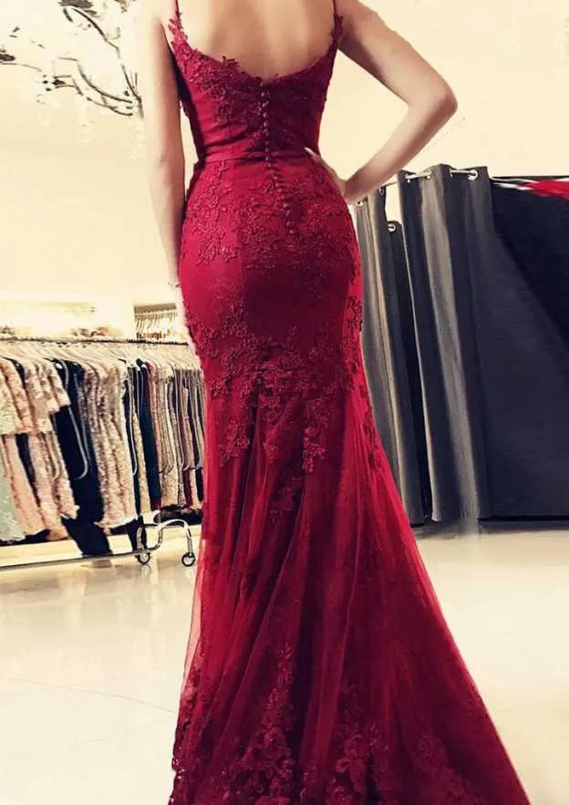 Glamorous Lace Long Evening Dress Burgundy Sweetheart Sleeveless Party Gown for Women