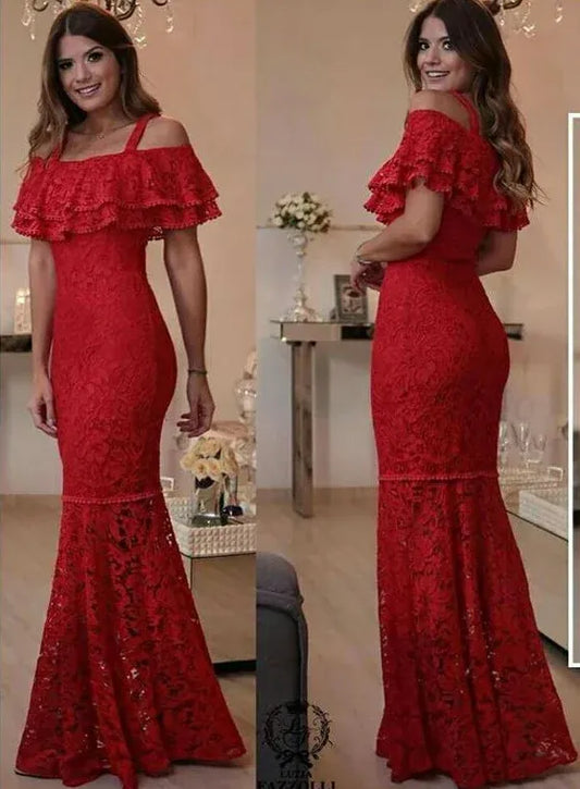 Glamorous Lace Maxi Evening Dress Red Off-Shoulder Ruffle Sleeves for Women