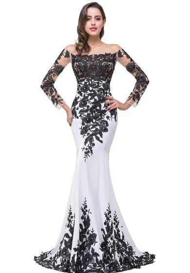Glamorous Long Sleeve Mermaid/Trumpet Evening Dress Black Appliques Sweep/Brush Train Mother Dress