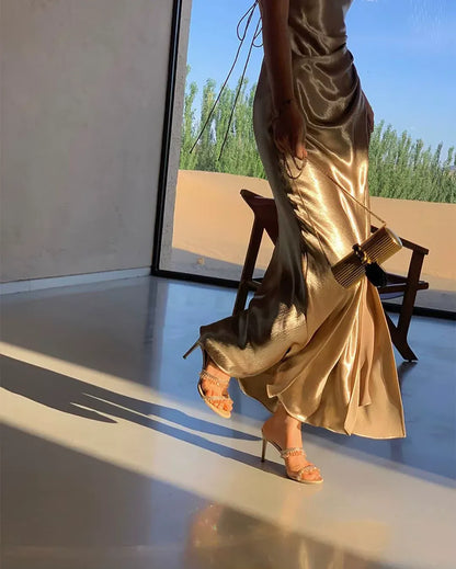 Glamorous Mermaid Cowl-Neck Sleeveless Metallic Gold Maxi Prom Dress for Women ready to ship