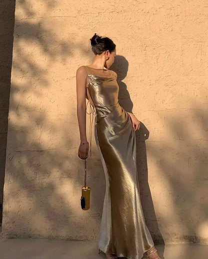 Glamorous Mermaid Cowl-Neck Sleeveless Metallic Gold Maxi Prom Dress for Women ready to ship