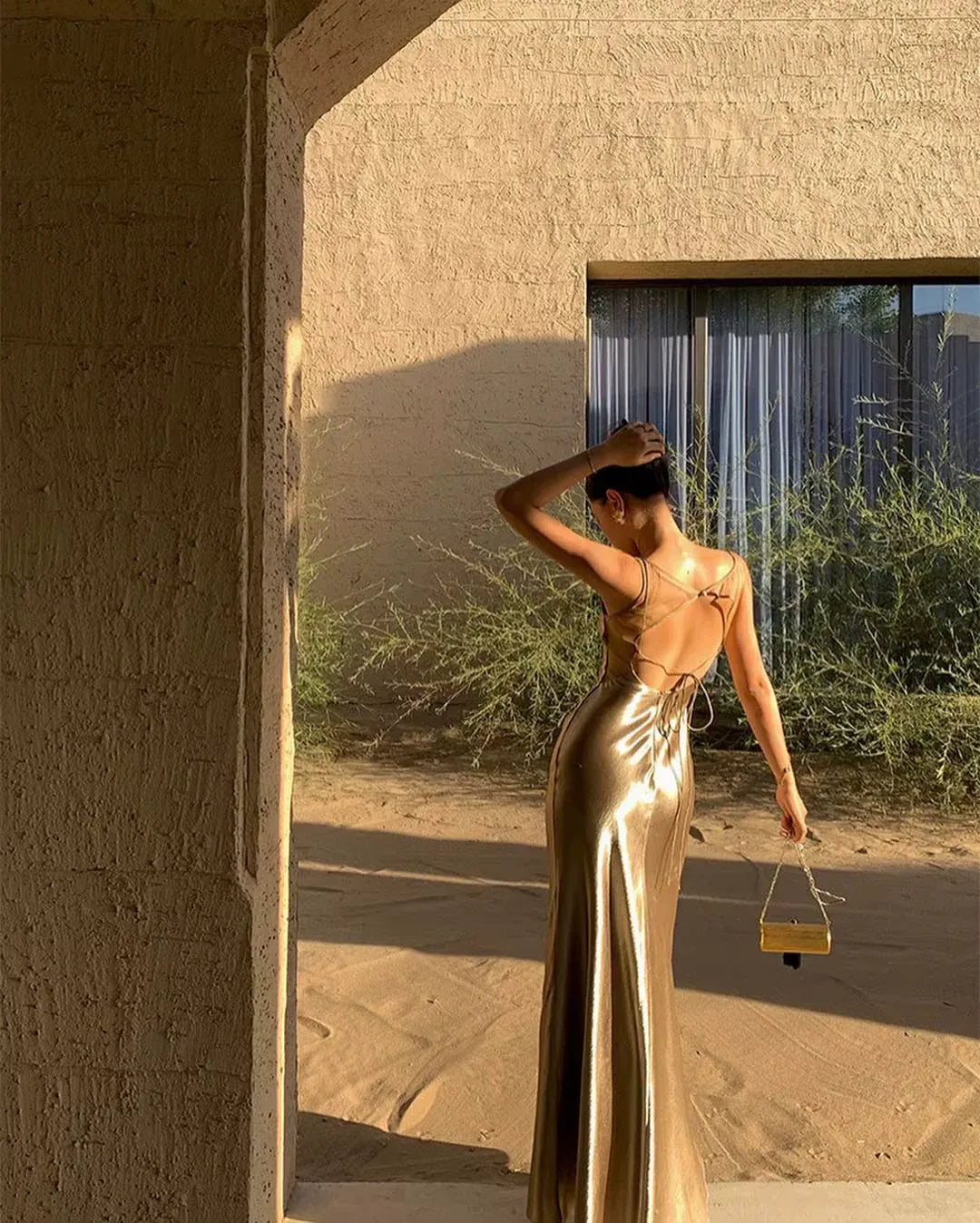 Glamorous Mermaid Cowl-Neck Sleeveless Metallic Gold Maxi Prom Dress for Women ready to ship