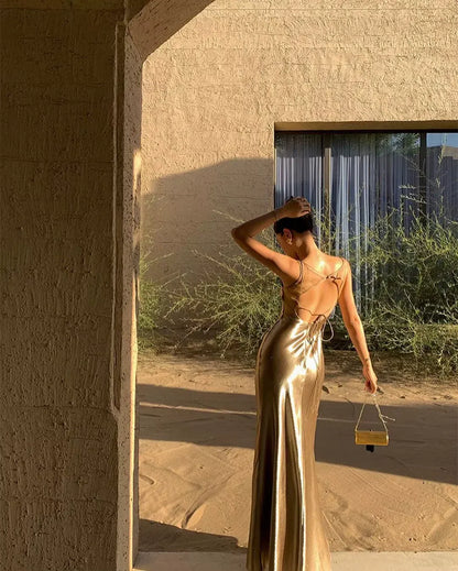 Glamorous Mermaid Cowl-Neck Sleeveless Metallic Gold Maxi Prom Dress for Women ready to ship