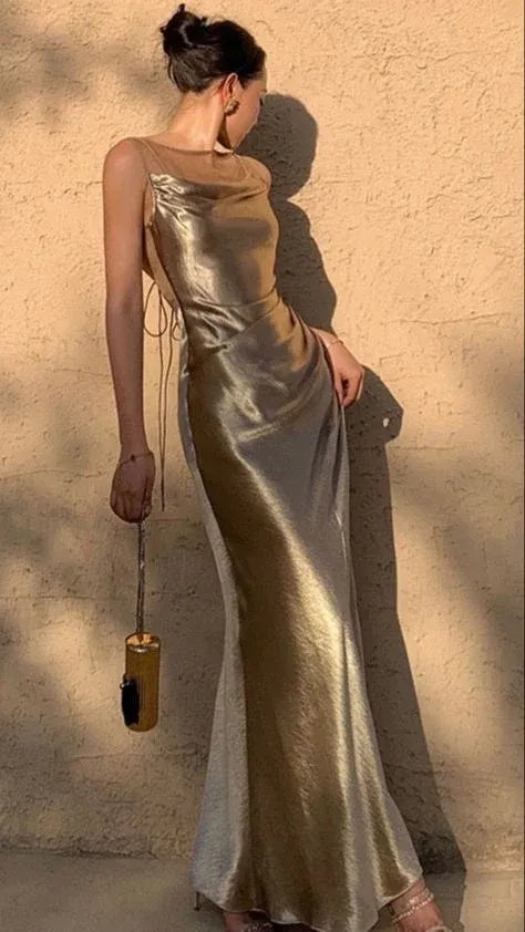 Glamorous Mermaid Cowl-Neck Sleeveless Metallic Gold Maxi Prom Dress for Women ready to ship