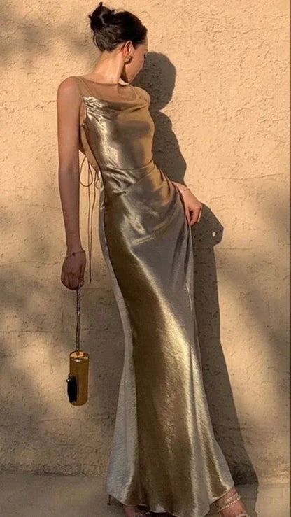 Glamorous Mermaid Cowl-Neck Sleeveless Metallic Gold Maxi Prom Dress for Women ready to ship