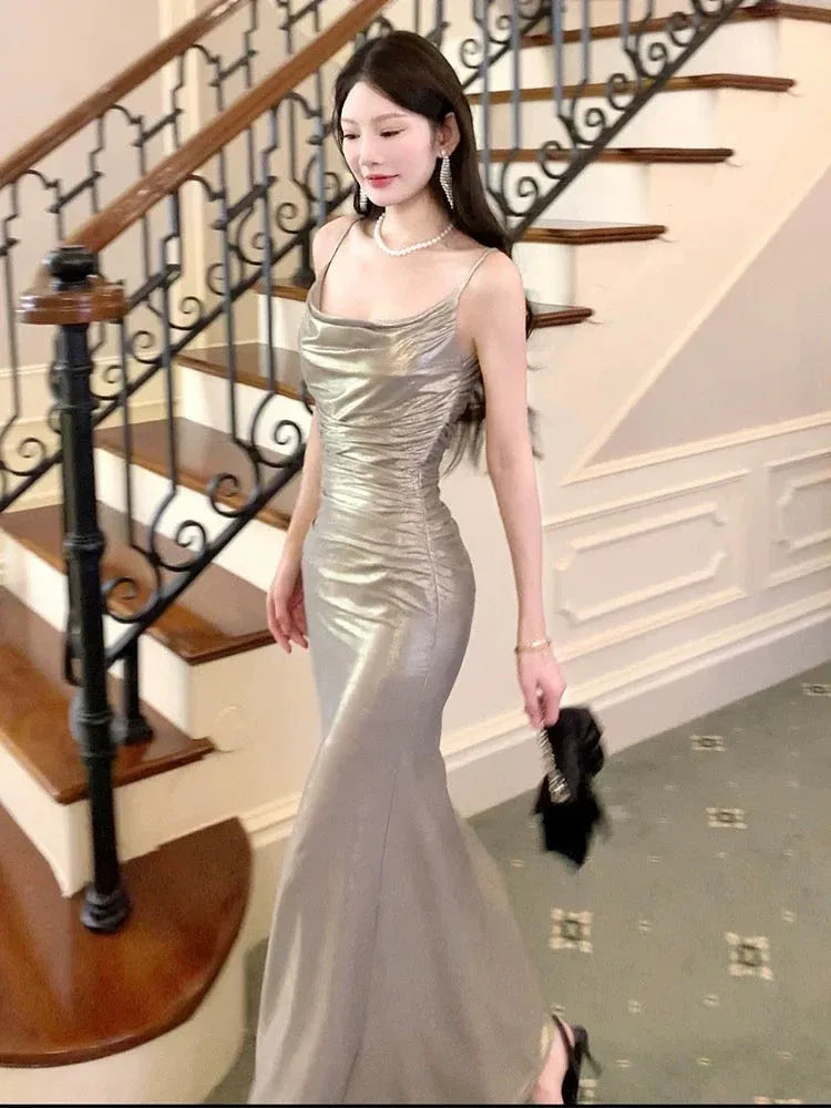 Glamorous Mermaid Cowl Neck Sleeveless Ruched Metallic Silver Maxi Prom Dress for Women Hot Sale