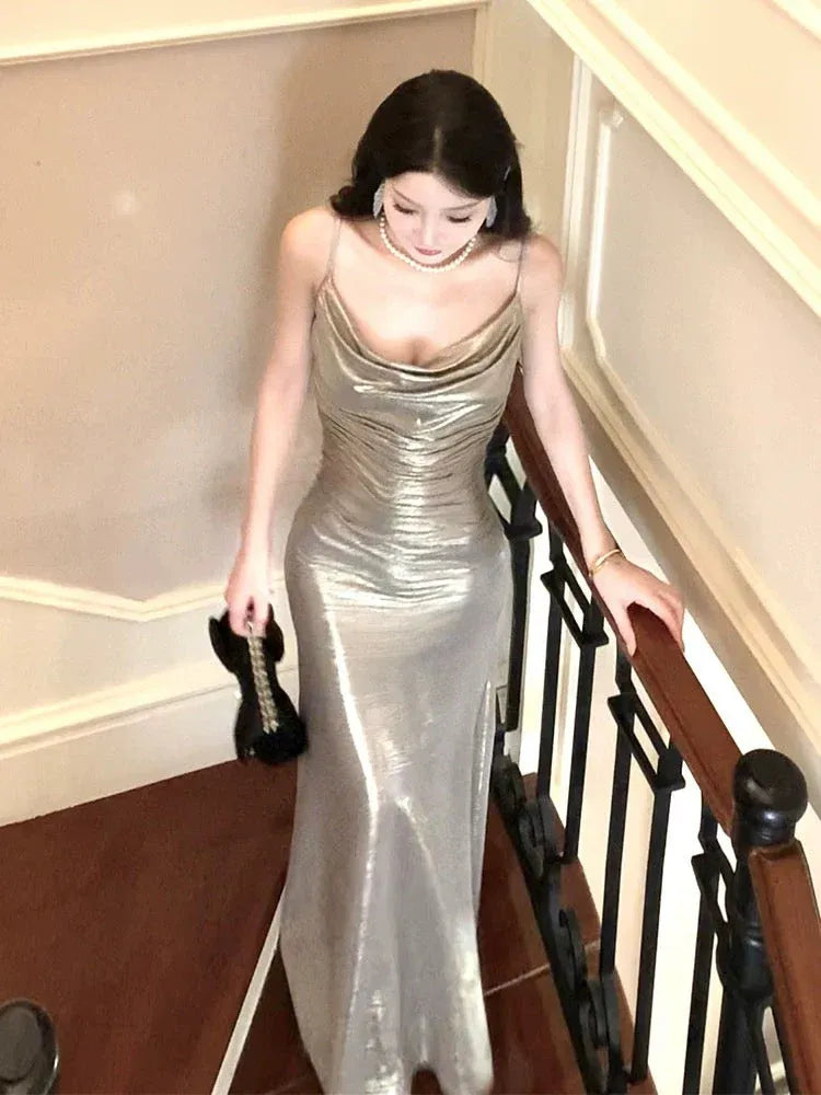 Glamorous Mermaid Cowl Neck Sleeveless Ruched Metallic Silver Maxi Prom Dress for Women Hot Sale