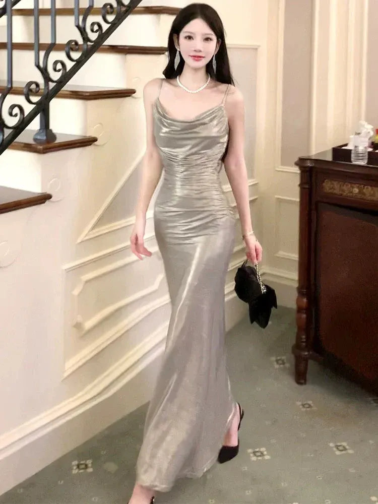 Glamorous Mermaid Cowl Neck Sleeveless Ruched Metallic Silver Maxi Prom Dress for Women Hot Sale