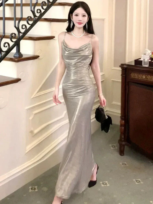 Glamorous Mermaid Cowl Neck Sleeveless Ruched Metallic Silver Maxi Prom Dress for Women Hot Sale