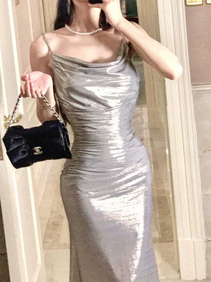 Glamorous Mermaid Cowl Neck Sleeveless Ruched Metallic Silver Maxi Prom Dress for Women Hot Sale