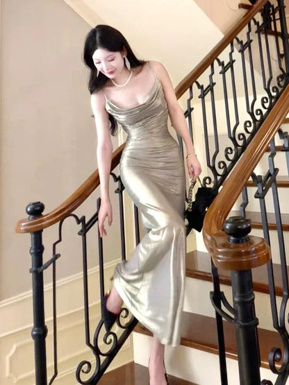 Glamorous Mermaid Cowl Neck Sleeveless Ruched Metallic Silver Maxi Prom Dress for Women Hot Sale
