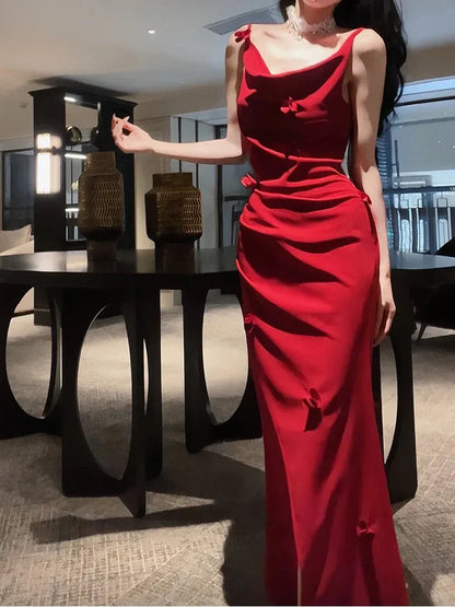 Glamorous Mermaid Cowl Neck Sleeveless Ruched Red Satin Maxi Prom Dress for Women Hot Sale