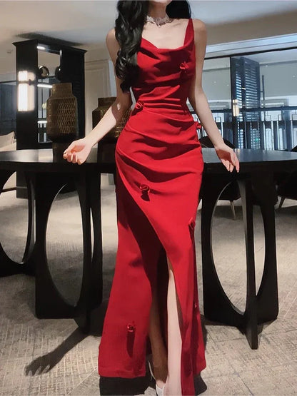 Glamorous Mermaid Cowl Neck Sleeveless Ruched Red Satin Maxi Prom Dress for Women Hot Sale