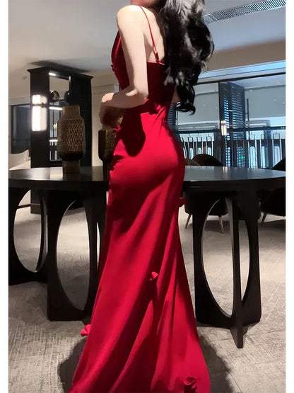 Glamorous Mermaid Cowl Neck Sleeveless Ruched Red Satin Maxi Prom Dress for Women Hot Sale