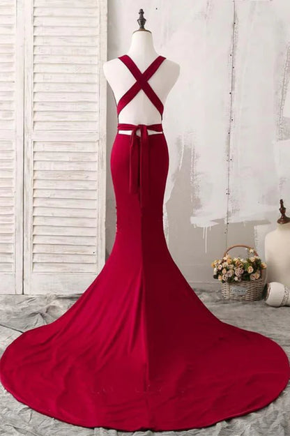 Glamorous Mermaid Deep V Backless Burgundy Prom Dress