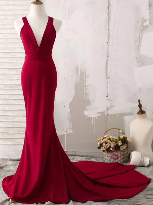 Glamorous Mermaid Deep V Backless Burgundy Prom Dress