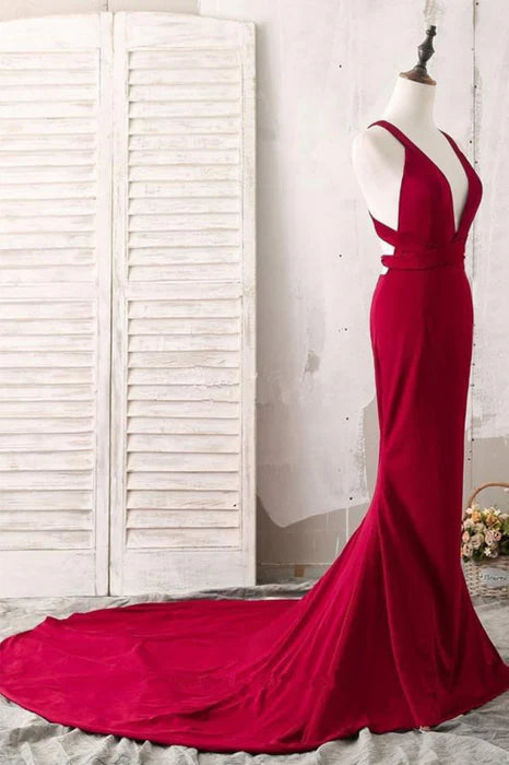 Glamorous Mermaid Deep V Backless Burgundy Prom Dress