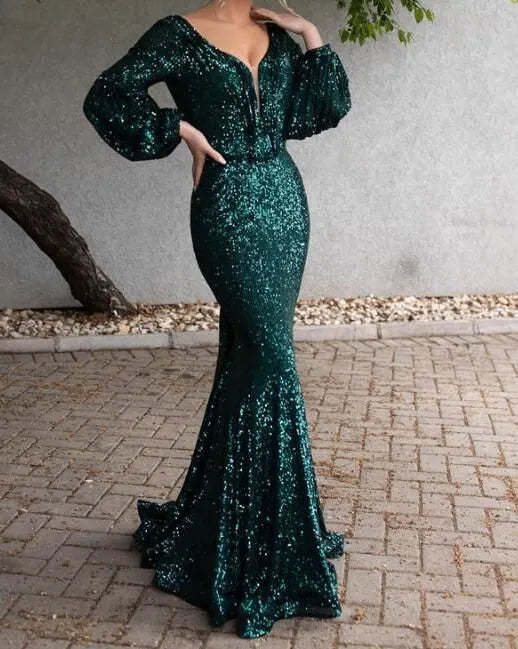 Glamorous Mermaid Deep V Puff Sleeve Sequin Emerald Floor-Length Evening Dresses