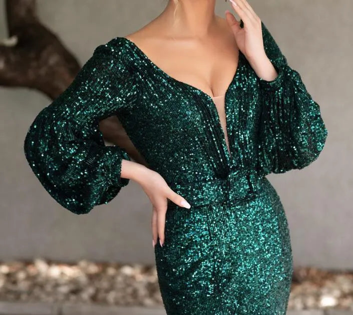Glamorous Mermaid Deep V Puff Sleeve Sequin Emerald Floor-Length Evening Dresses