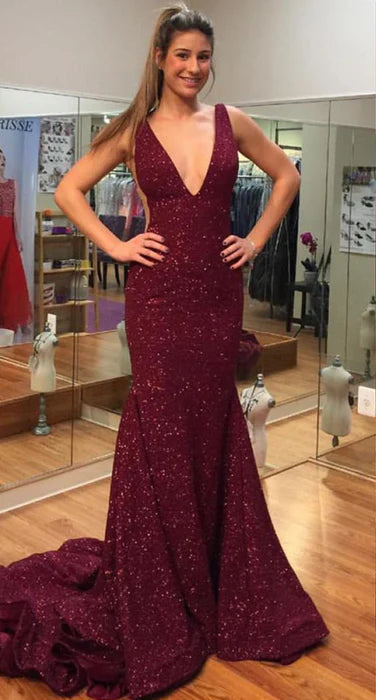 Glamorous Mermaid Deep V Sleeveless Beaded Burgundy Prom Dress