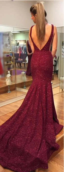 Glamorous Mermaid Deep V Sleeveless Beaded Burgundy Prom Dress
