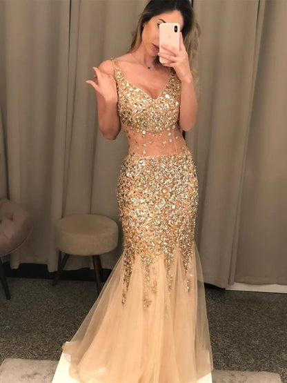 Glamorous Mermaid Deep V Spaghetti Strap Beaded Champagne Prom Dress