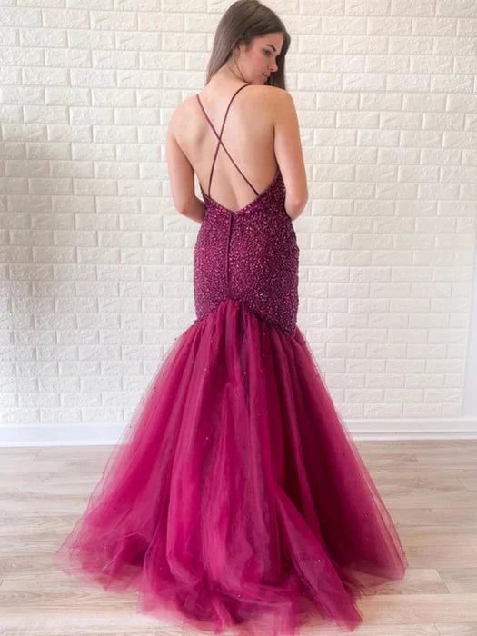 Glamorous Mermaid Deep V Spaghetti Strap Beaded Magenta Prom Dress