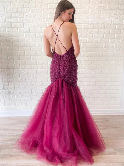 Glamorous Mermaid Deep V Spaghetti Strap Beaded Magenta Prom Dress