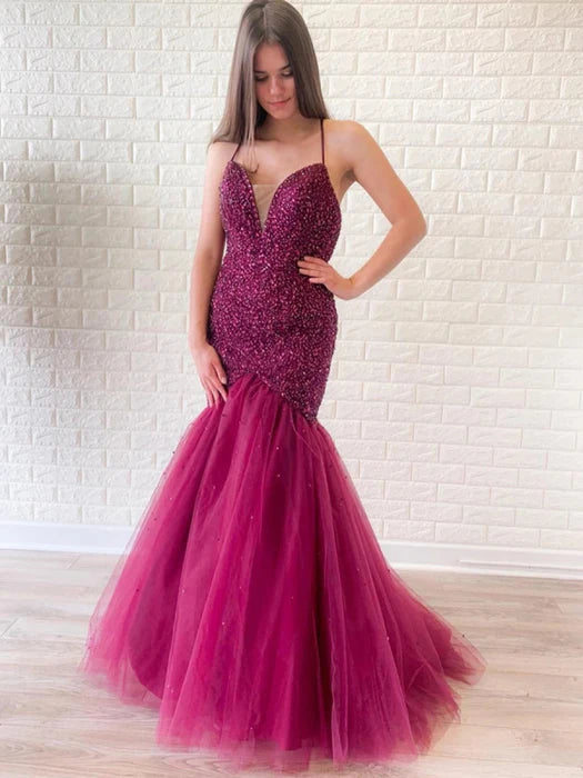 Glamorous Mermaid Deep V Spaghetti Strap Beaded Magenta Prom Dress