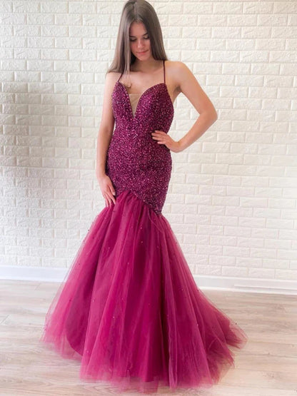 Glamorous Mermaid Deep V Spaghetti Strap Beaded Magenta Prom Dress
