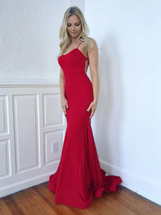 Glamorous Mermaid Deep V Spaghetti Strap Beaded Red Prom Dress
