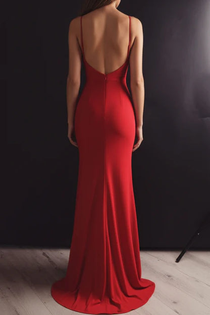 Glamorous Mermaid Deep V Spaghetti Strap Red Floor-Length Prom Dress