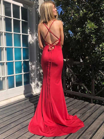 Glamorous Mermaid Deep V Spaghetti Strap Satin Red Prom Dress