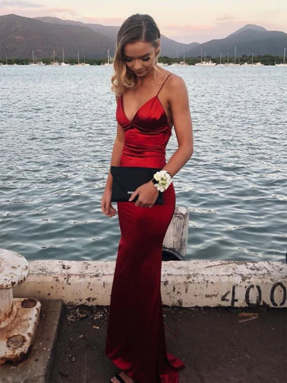 Glamorous Mermaid Gown Deep V Spaghetti Strap Satin Red Prom Dress