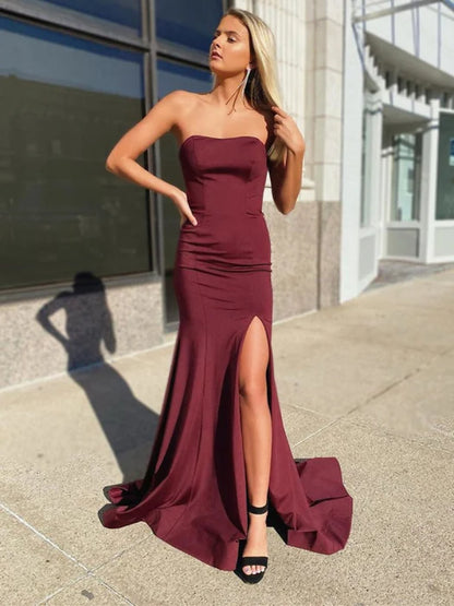 Glamorous Mermaid Gown Strapless Satin Burgundy Prom Dress