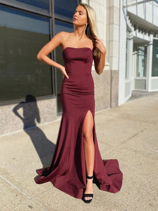 Glamorous Mermaid Gown Strapless Satin Burgundy Prom Dress