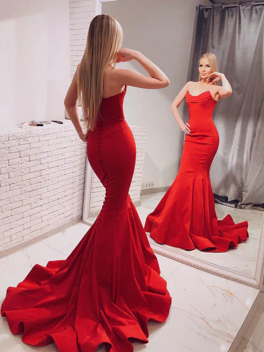 Glamorous Mermaid Gown Sweetheart Strapless Satin Red Floor-Length Prom Dress