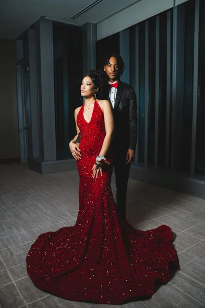 Glamorous Mermaid Halter-Neck Sleeveless Sequin Red Maxi Evening Dress for Women