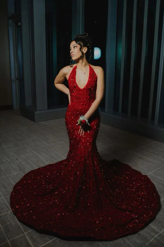 Glamorous Mermaid Halter-Neck Sleeveless Sequin Red Maxi Evening Dress for Women