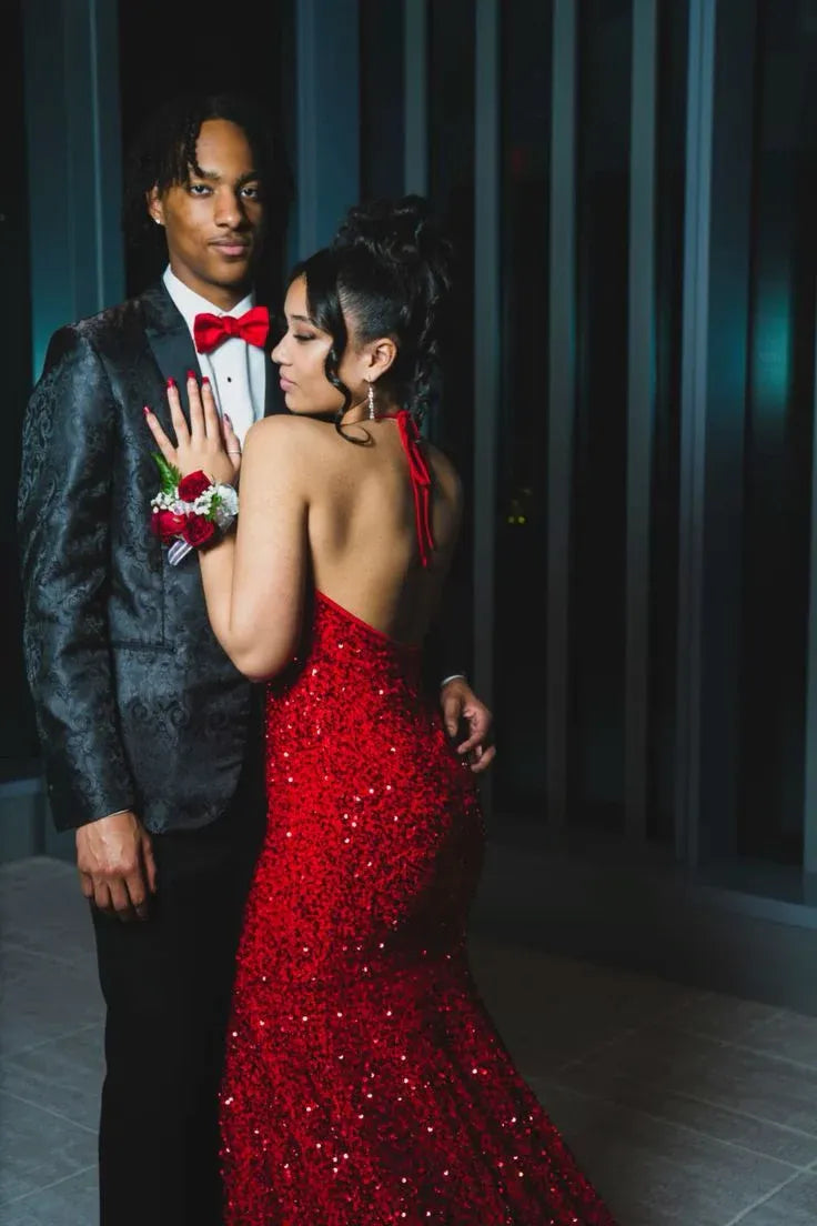 Glamorous Mermaid Halter-Neck Sleeveless Sequin Red Maxi Evening Dress for Women