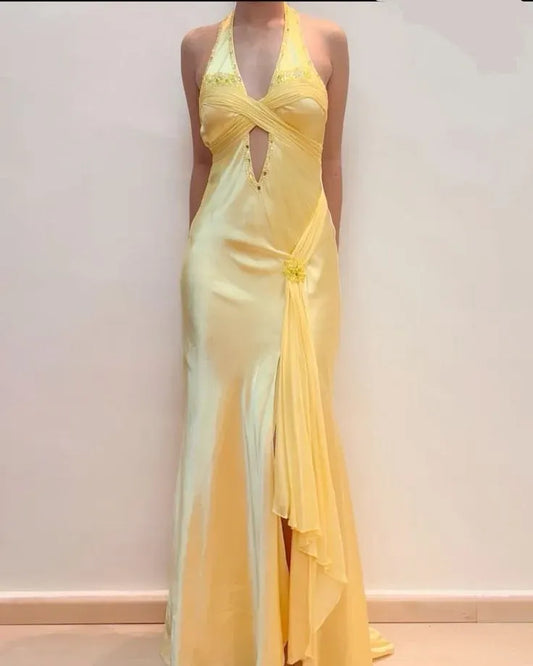 Glamorous Mermaid Halter-Neck Sleeveless Sequin Satin Yellow Floor-Length Evening Dress for Women