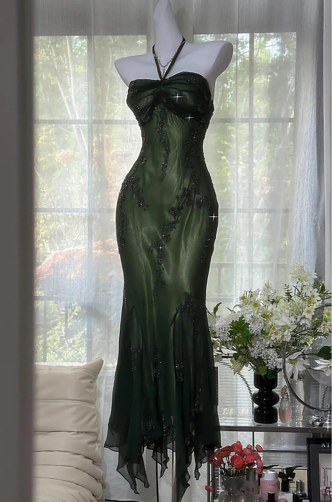 Glamorous Mermaid Halter Beaded Emerald Maxi Prom Dress